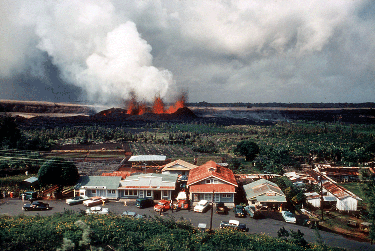 1960 kilauea eruption with kapoho in the foreground.