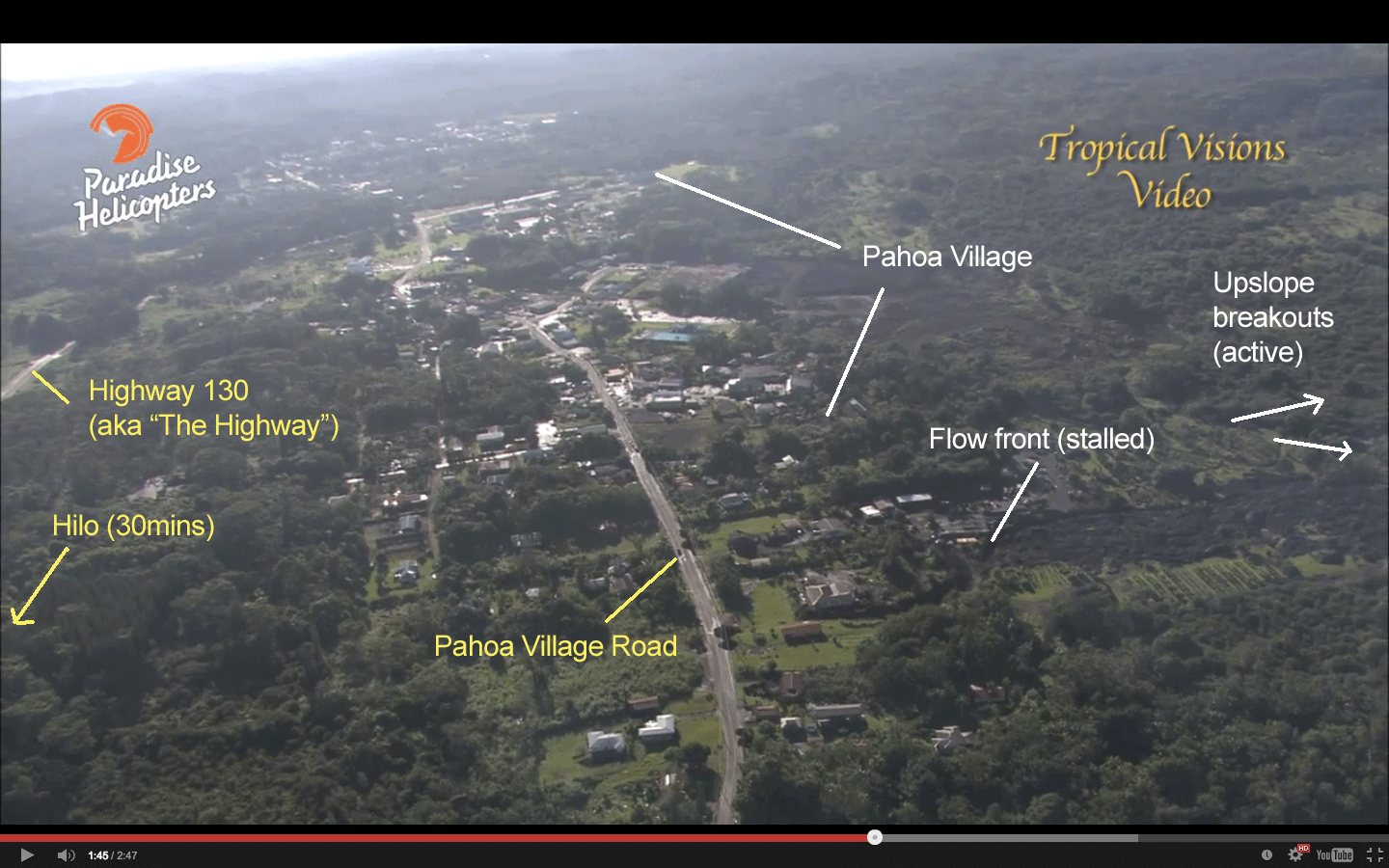 Aerial shot of the stalled flow front and Pahoa Towm 11-16-2014